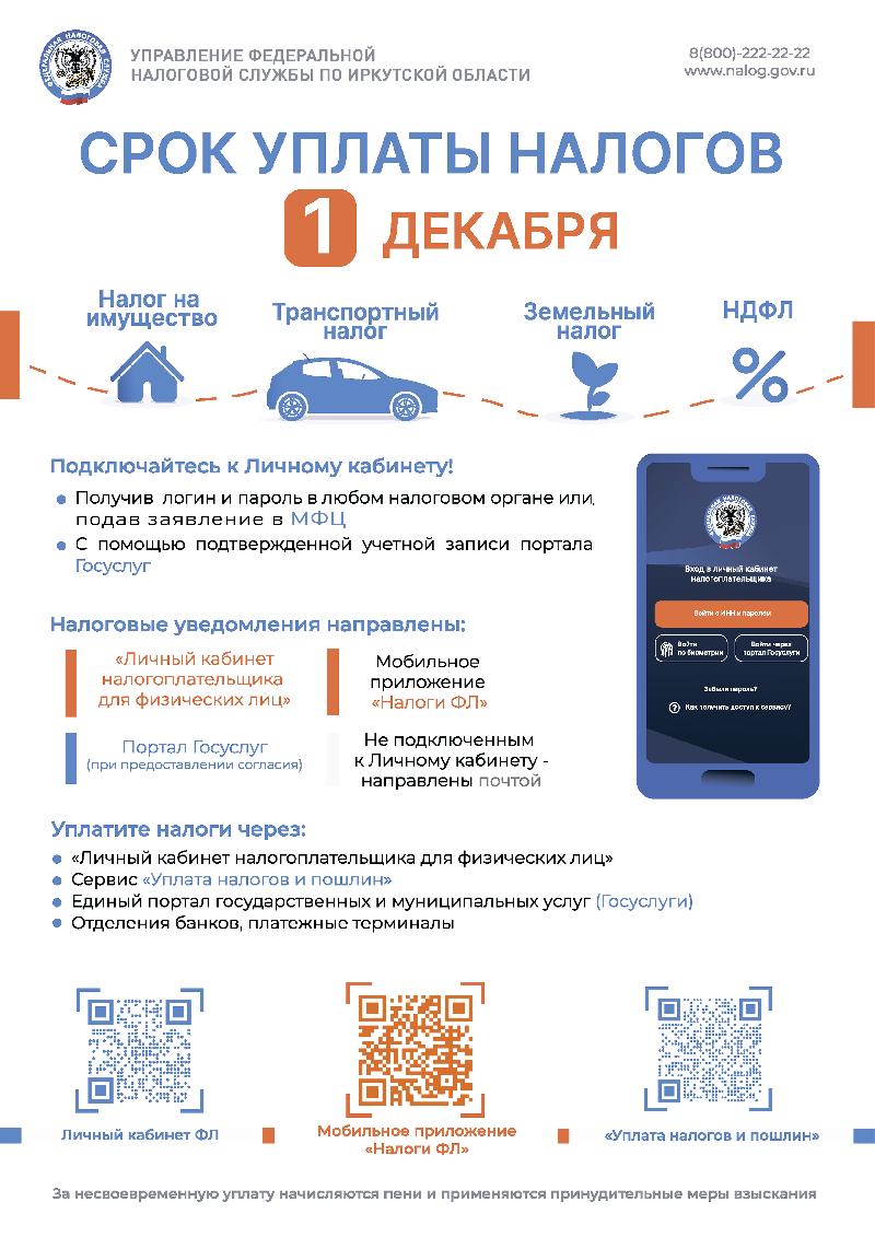 Срок уплаты налогов - 1 декабря!